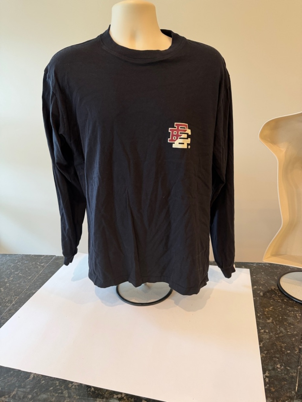 Eric Emanuel Black Long Sleeve Tee with Small Red and White Logo